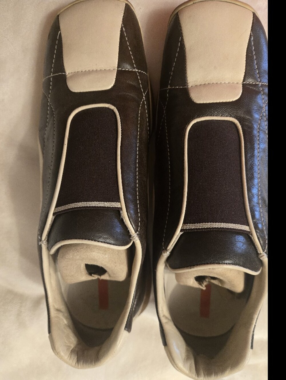 Prada Women's Vintage Dark Brown and Cream Slip-On Loafers